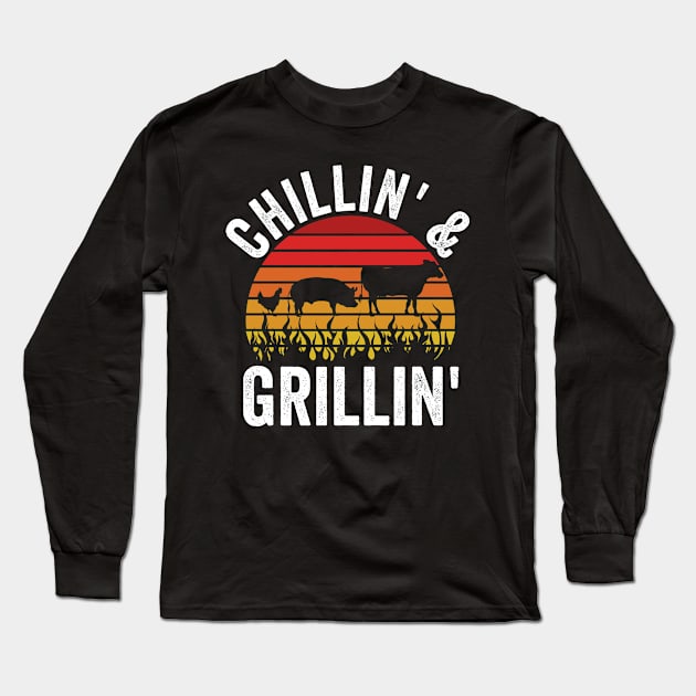 Funny Grilling Dad BBQ Season Chilling And Grilling Long Sleeve T-Shirt by Visual Vibes